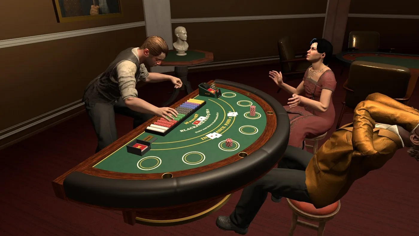 Players at a blackjack table in the casino lounge while the dealer reaches for the chips