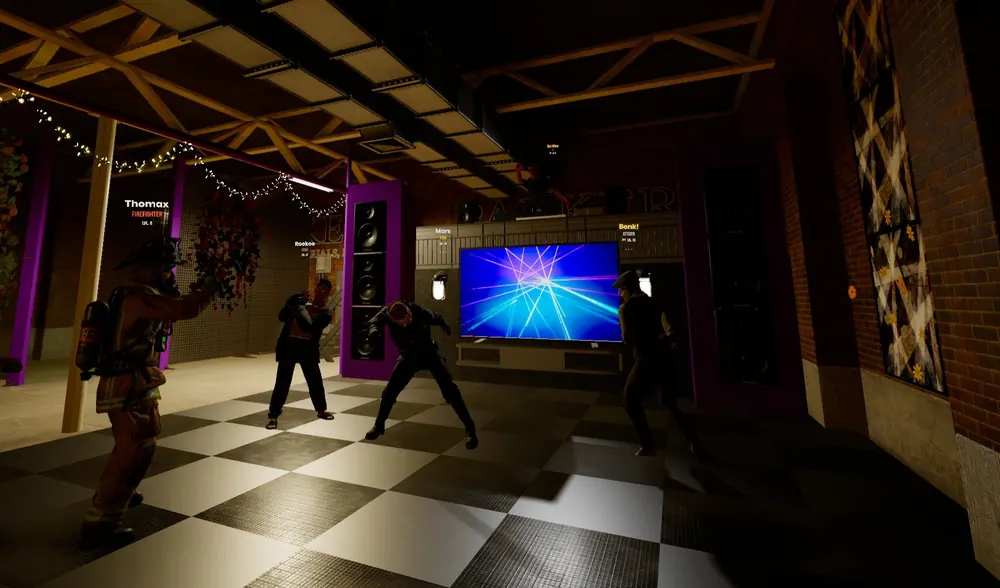 Players dance under strobe lights at the nightclub while a DJ plays