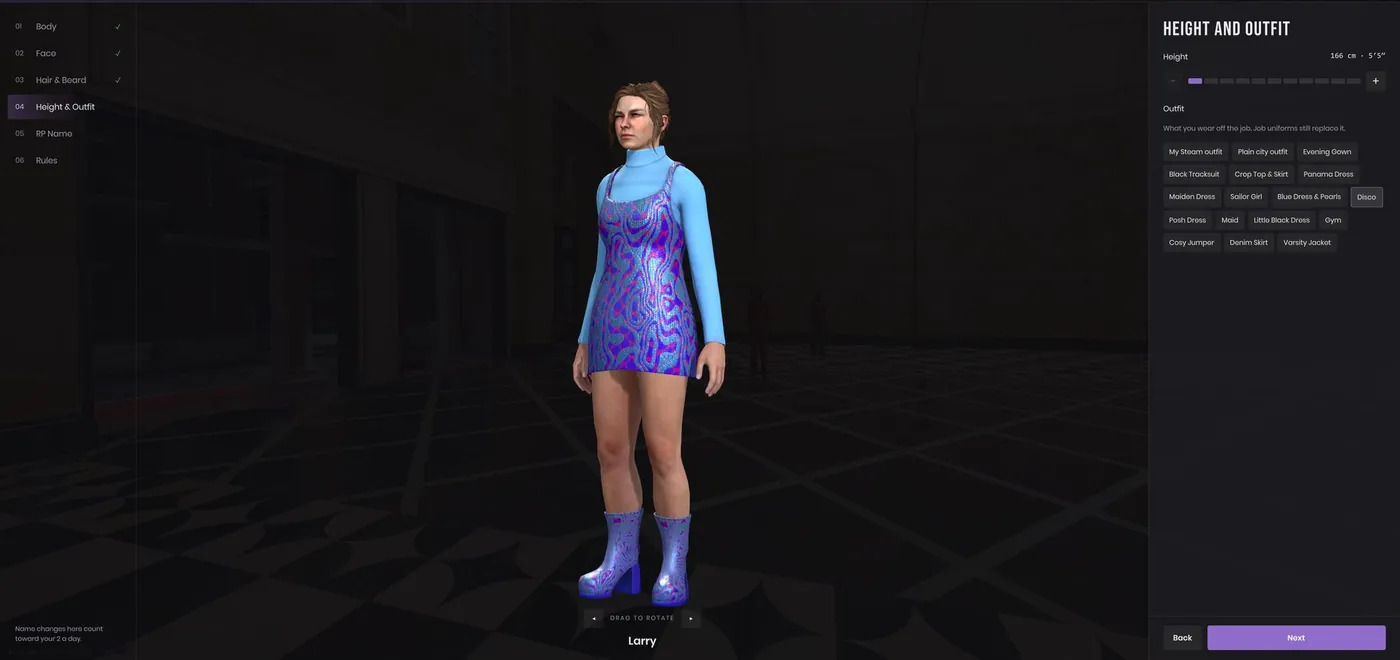 The character creator: a woman in a disco dress and platform boots, with the height slider and outfit list beside her