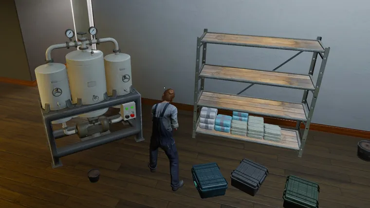 A cook in overalls stands between a meth cooker and a shelf stacked with product