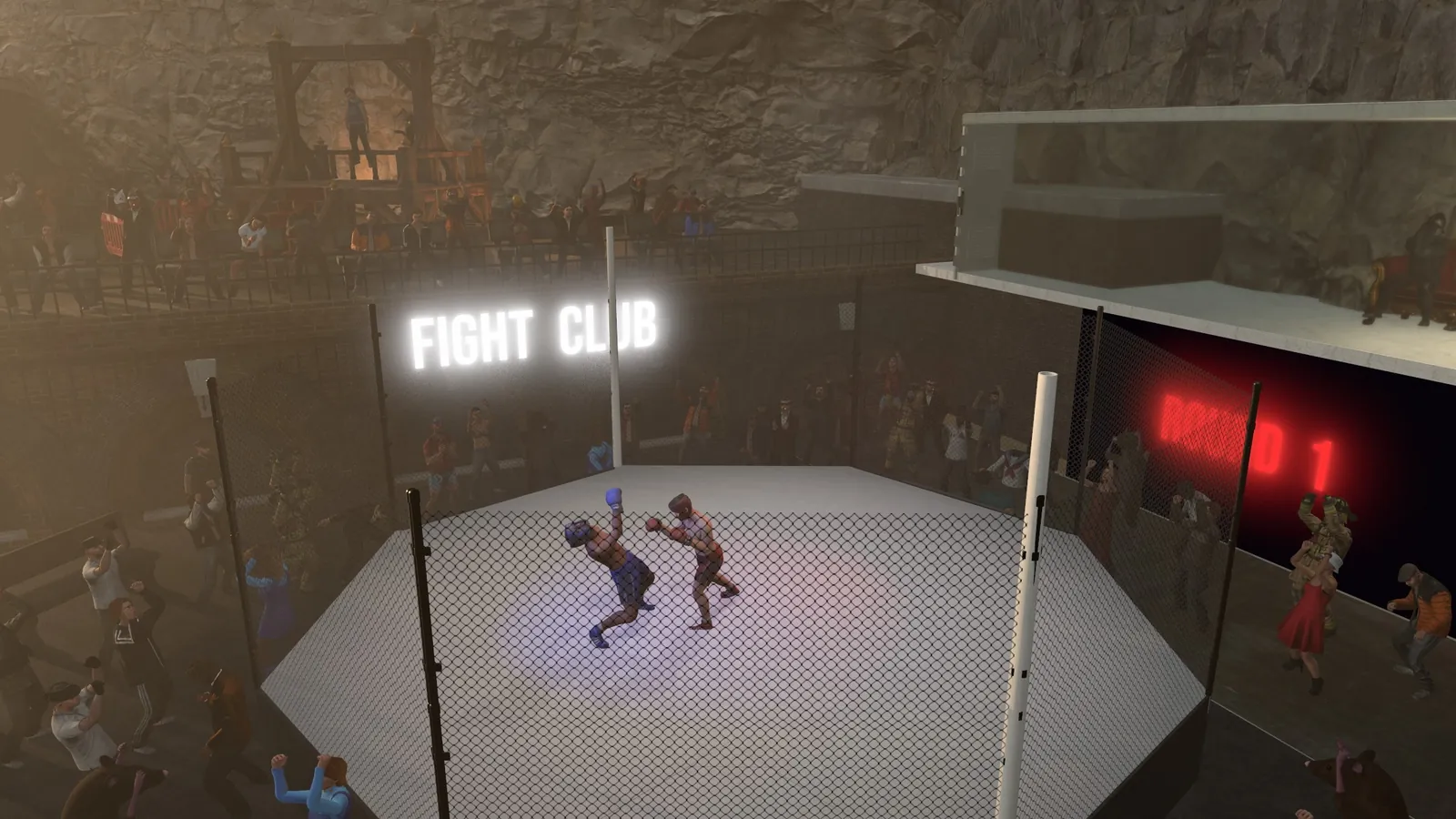 Two boxers trade punches in the caged fight club while the crowd cheers, the gallows on the ledge above