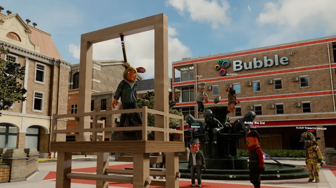 A player in a bunny mask at the gallows in the town square