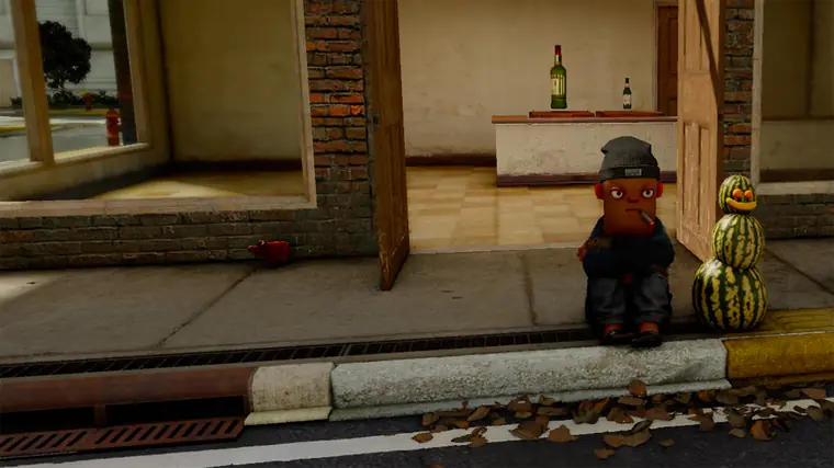 A hobo sits on the curb next to a snowman built from watermelons