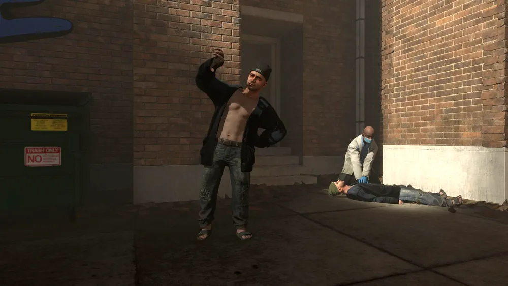 A hobo takes a selfie in an alley while a medic does CPR on a man behind him