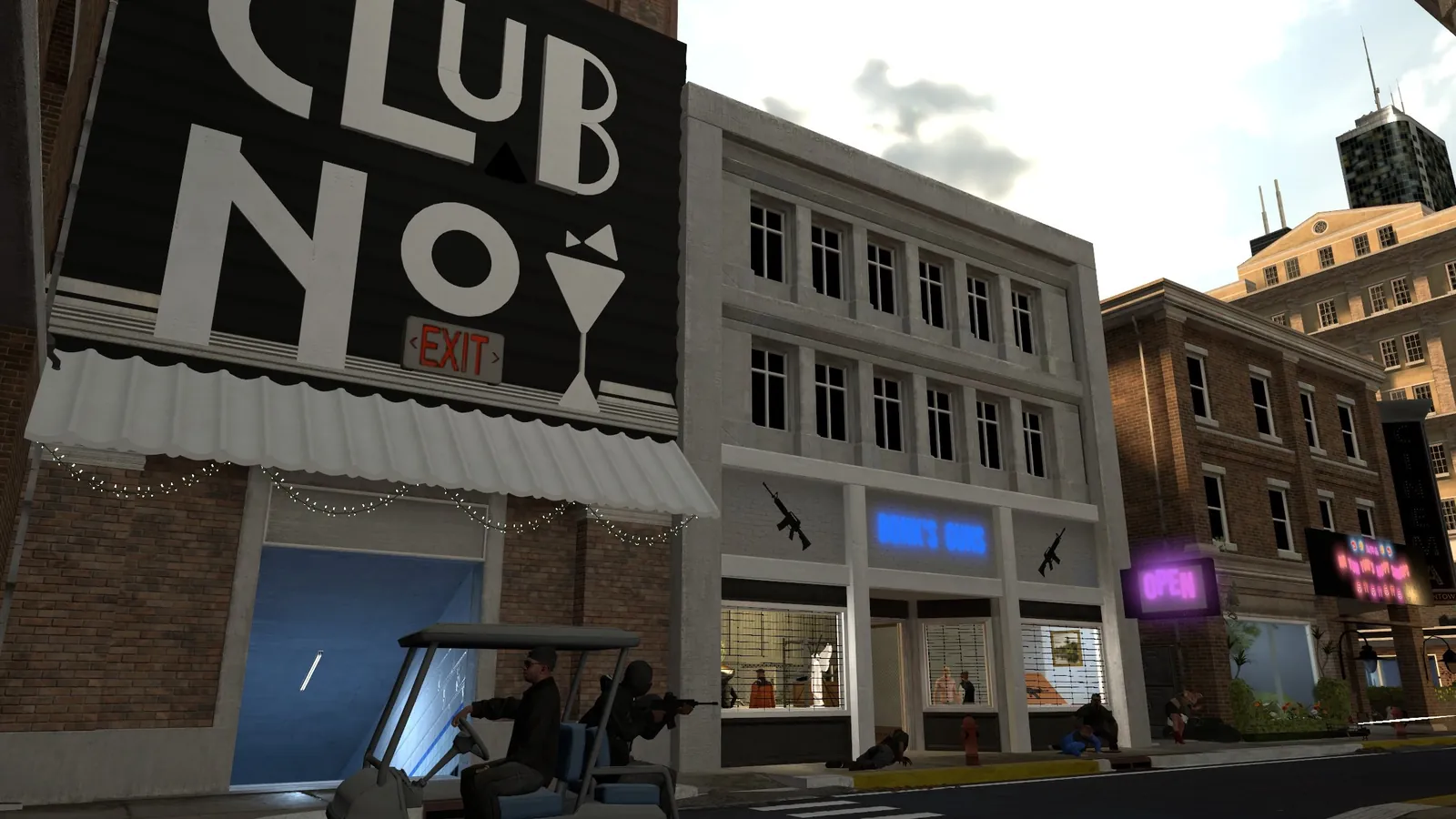 A golf cart drive-by rolls past Club No and Donk's Guns downtown
