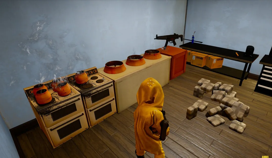 A meth cook in a yellow hazmat suit surveys a kitchen full of smoking pots and product