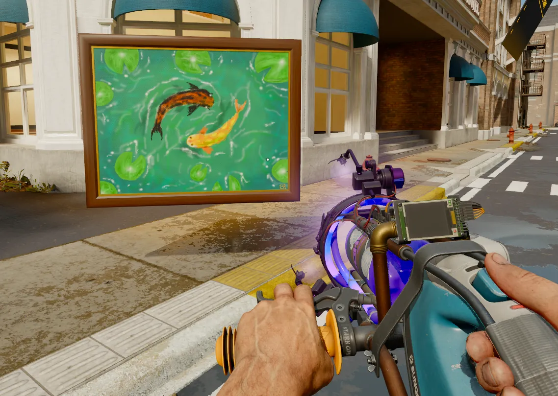 A player carries a framed koi pond painting down the street with the physgun