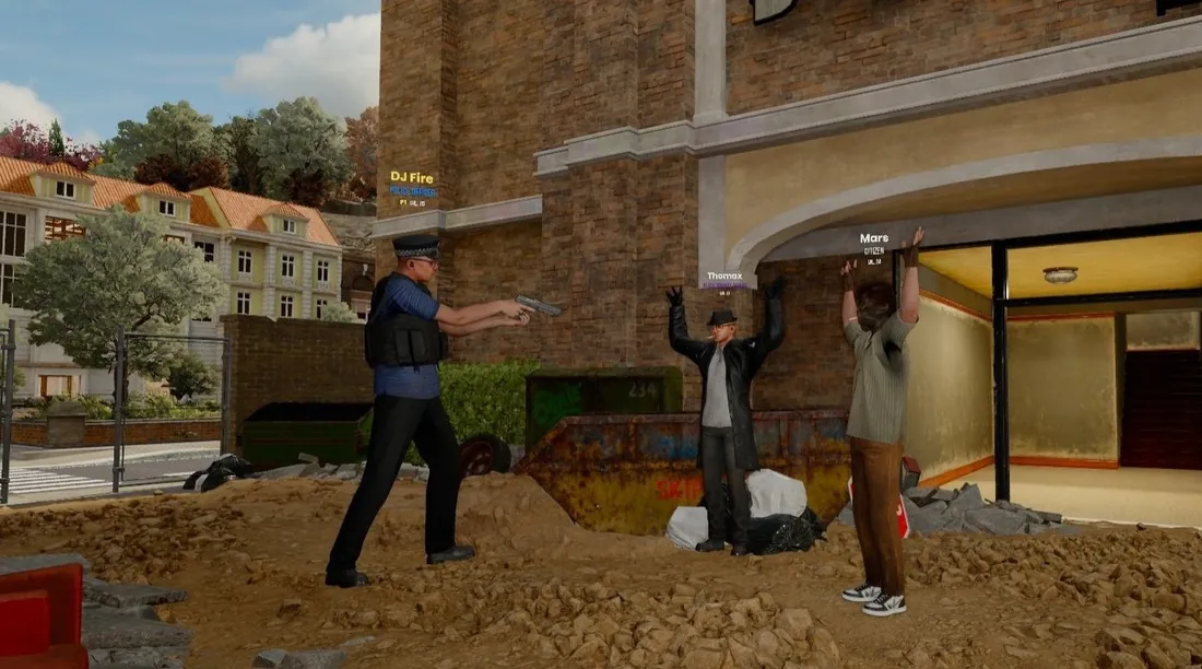 An NPC police officer holds two players at gunpoint, hands raised