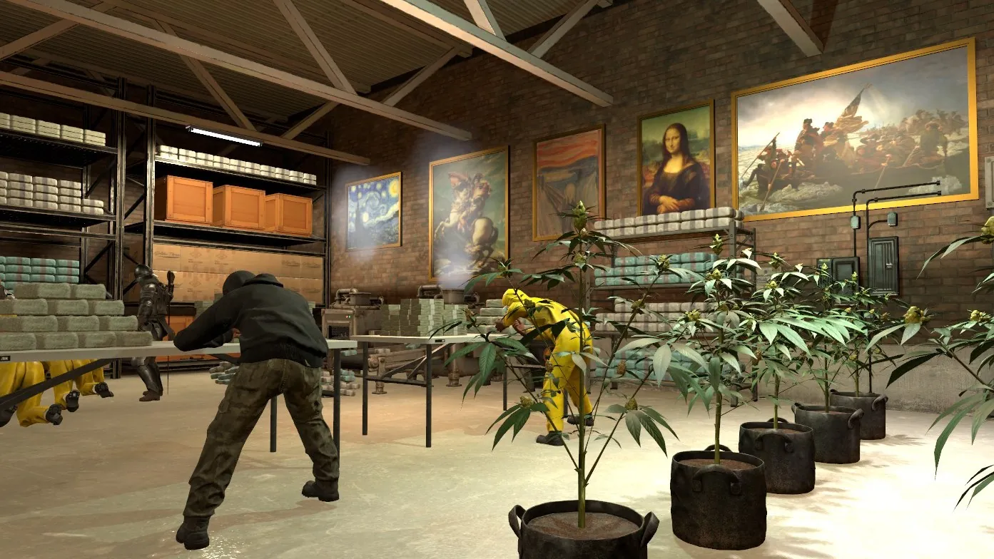 A grow op in a warehouse under a wall of famous paintings, workers in hazmat suits packing product behind it