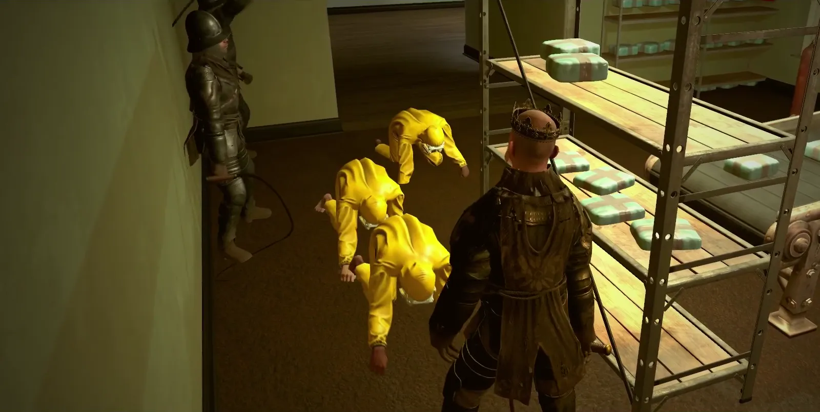 Workers in yellow hazmat suits run the drug factory belt while armoured guards watch